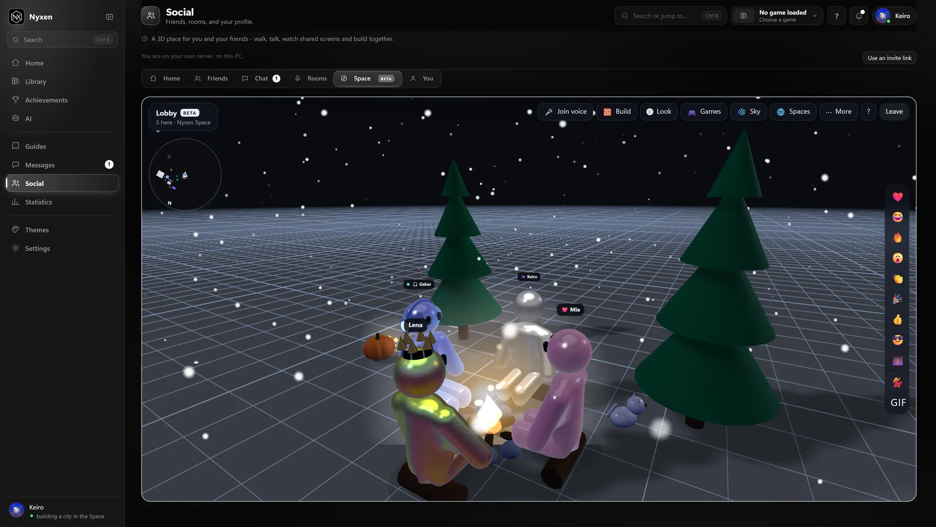 Nyxen Space at night: chrome figures sitting round a campfire between pine trees while it snows