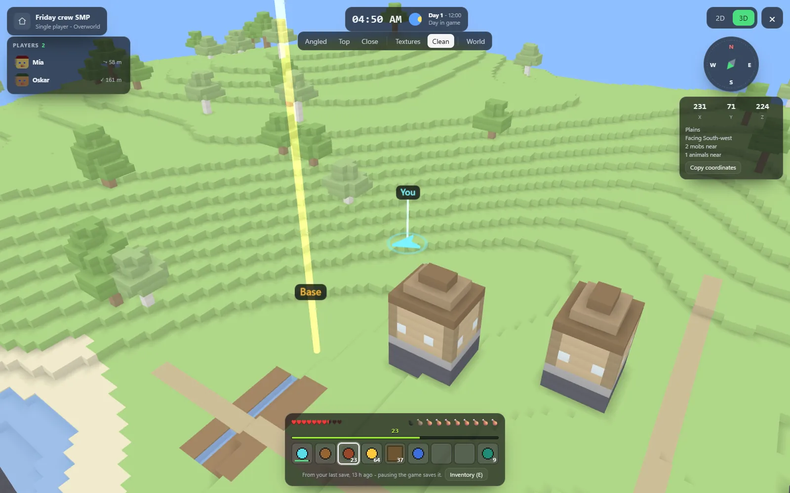 A Minecraft world drawn in 3D blocks inside Nyxen, with players and a hotbar