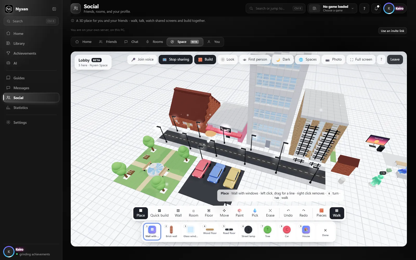 A street made with quick build: houses, a shop, an office tower, a park and parking