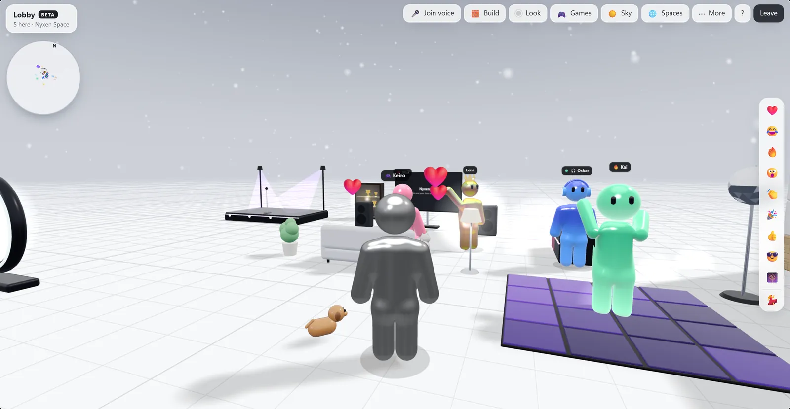 The Space lobby: friends by the couch, DJ decks and a dance floor